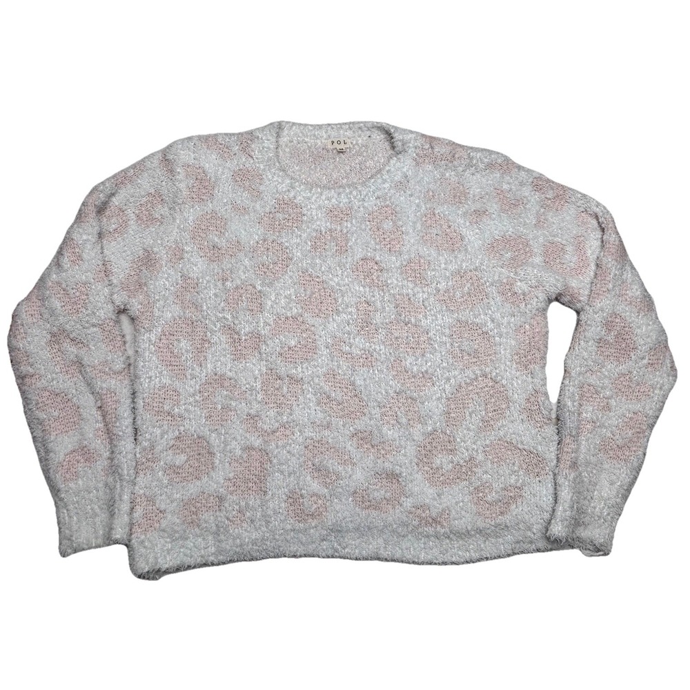 POL Fuzzy Leopard Print Sweater Women's M White Pink Soft Cozy Pullover